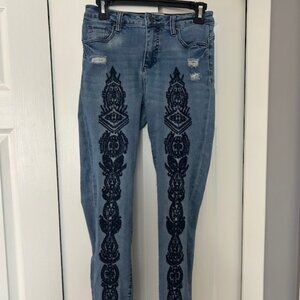 IMITZ jeans in  European size 38 with navy embroidered accents at front